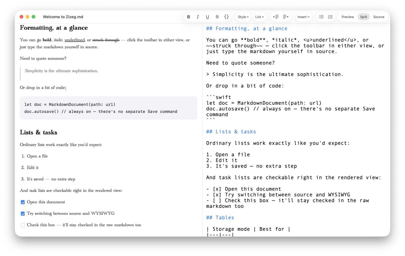 Zizeg showing an editable rendered Preview beside an editable Markdown Source view