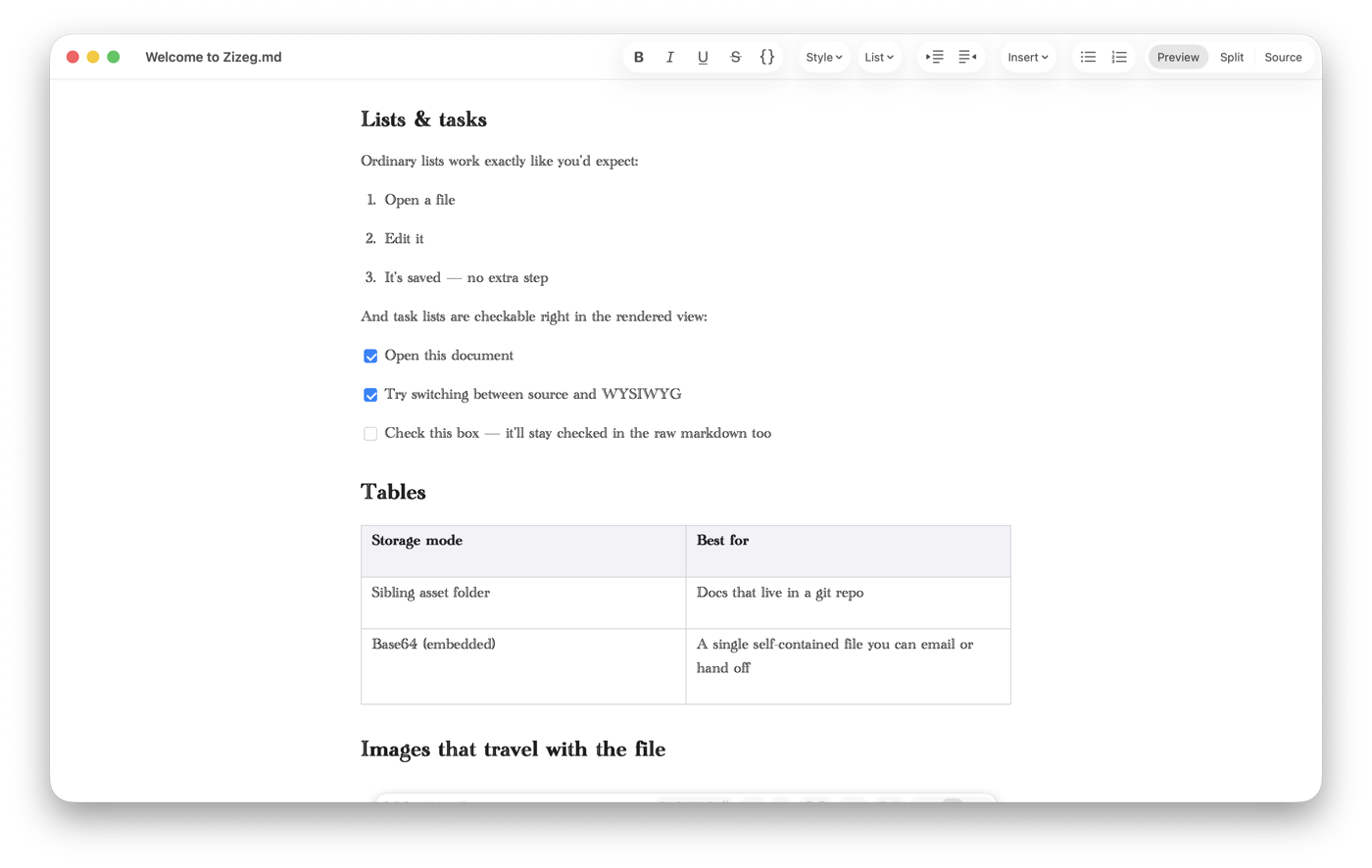 Zizeg editable Preview showing task lists and a table