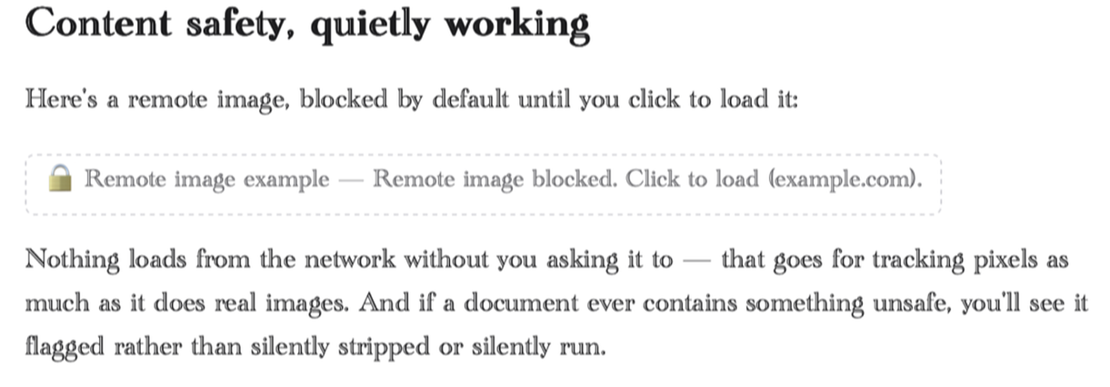 Zizeg content safety showing a remote image blocked by default with a click-to-load prompt