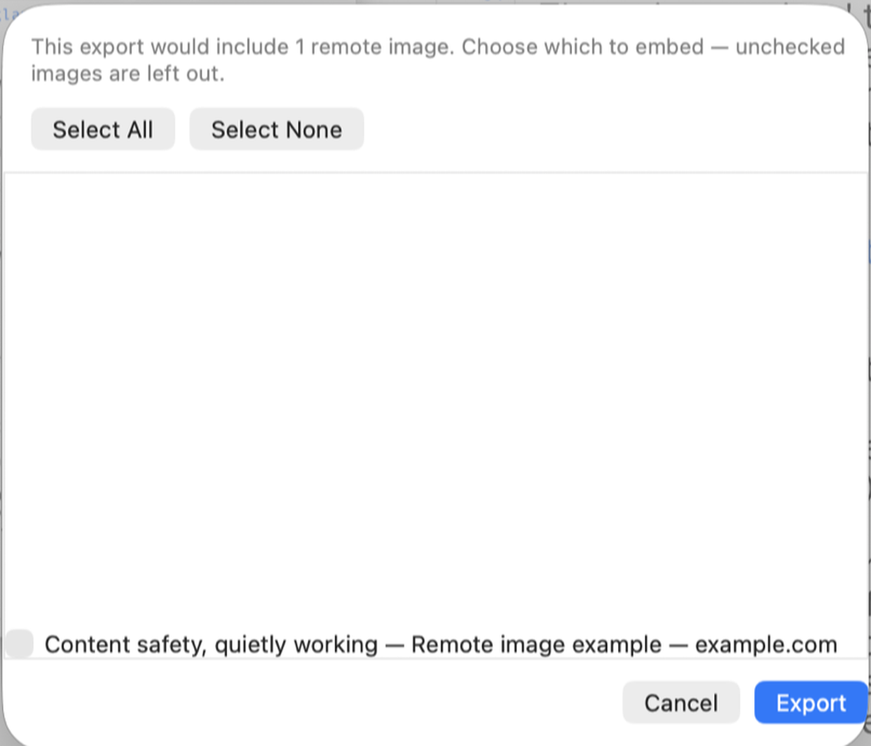Zizeg export dialog listing remote images with controls for which may be embedded