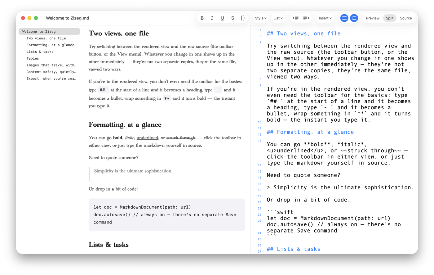 Zizeg table of contents pane with row numbers in Source
