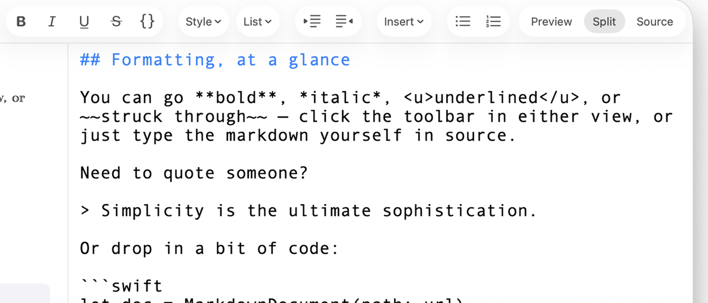 Zizeg formatting toolbar above the editable Preview and Source views