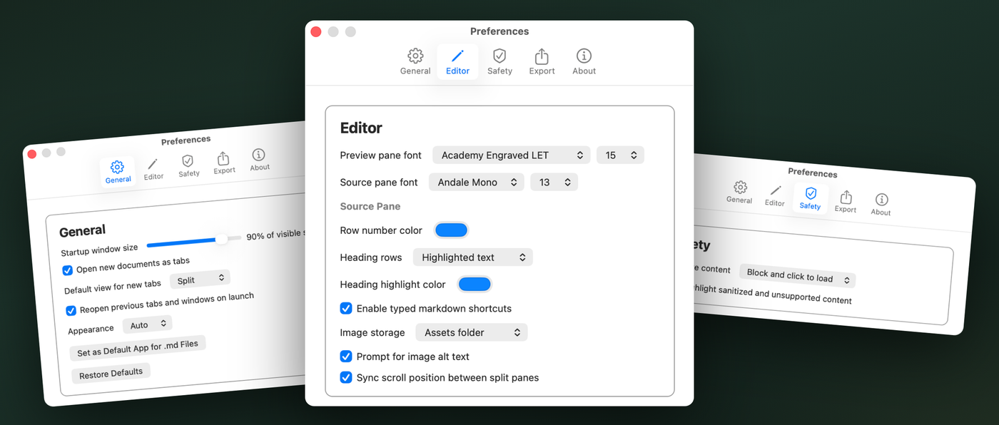 Zizeg Preferences showing independent Preview and Source fonts, optional split scrolling, and content-safety settings
